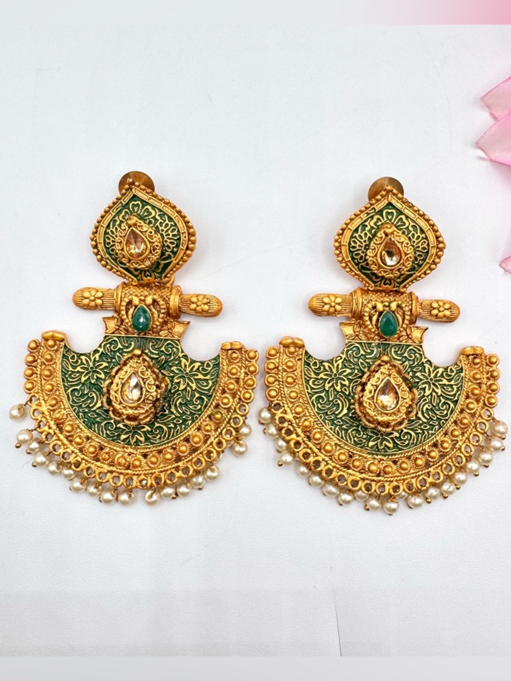 India Bollywood Wedding Earrings Ornate Gold Tone Green Princesscore Regency